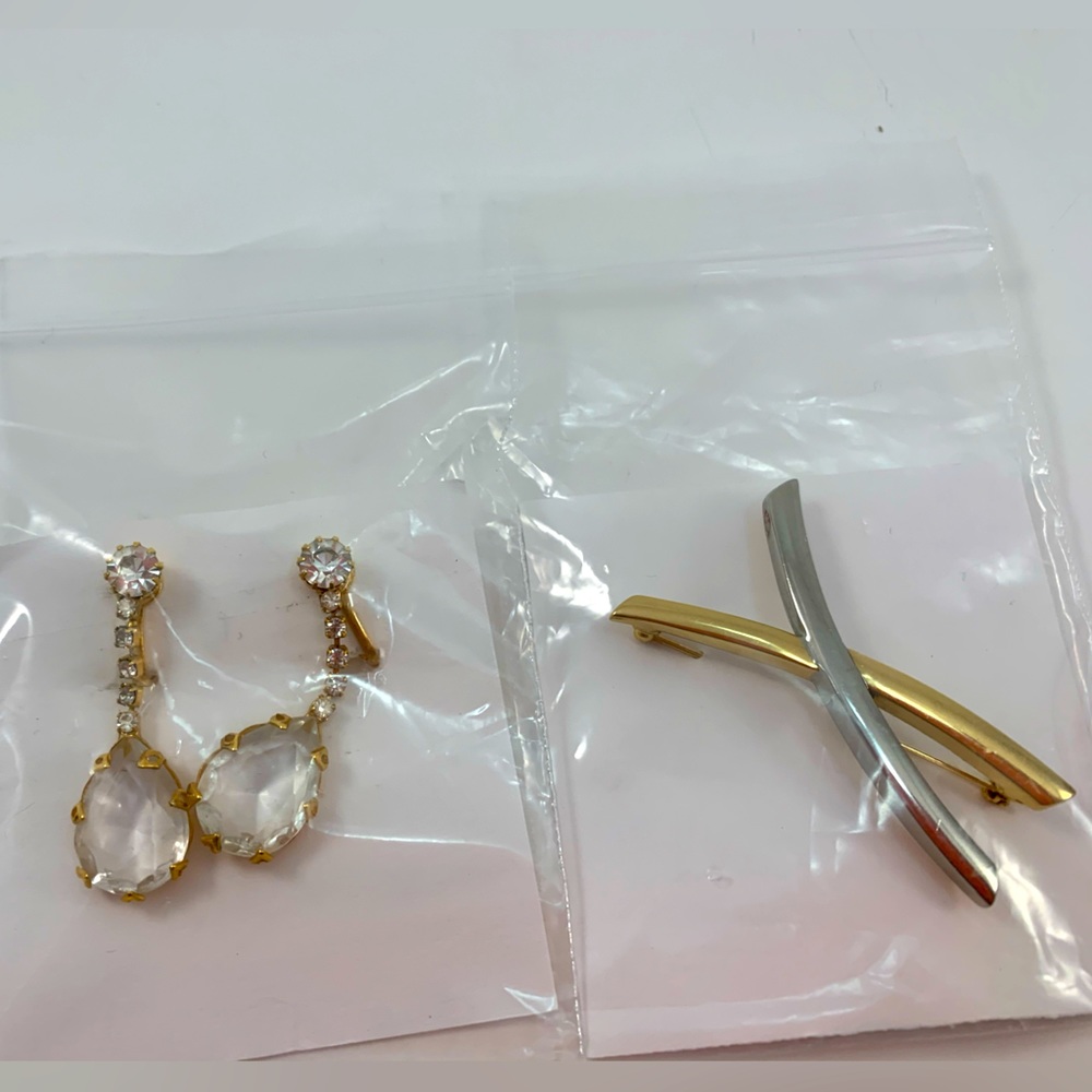 Vintage Brooch and Earrings Gold Tone Silver Tone Minimalist X Drop Crystals